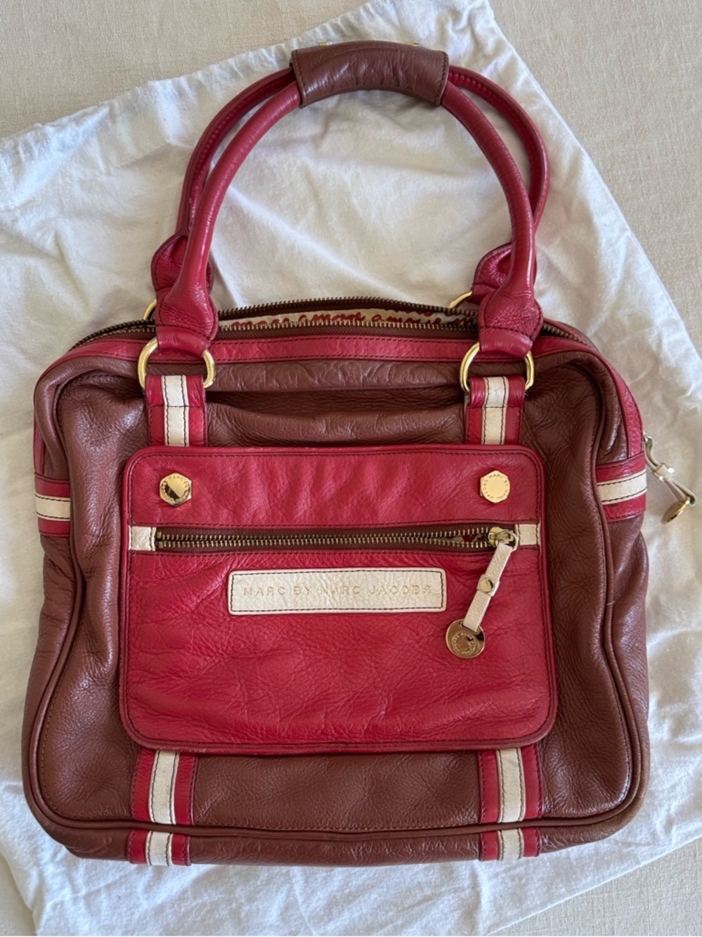 Marc by Marc Jacobs Red and Brown Leather Satchel with Cream Accents